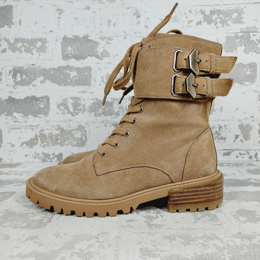 New Vince Camuto Fawdry Tan Suede Moto Riding Bikercore Combat Boots k885